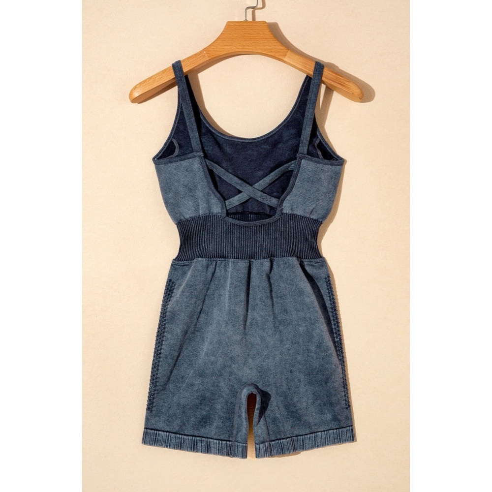 Gray Mineral Wash Ribbed High Waist Athletic Romper - Picture 3 of 3